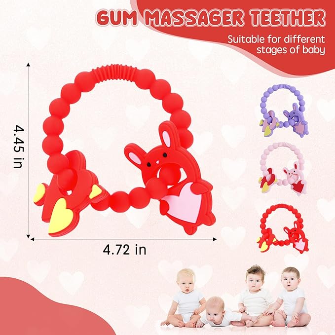 Valentine Teething Toys, Silicone Baby teethers 0-6 Months Easy for Little Hands to Hold, Cupid and Heart Rabbit for Valentine's Day Baby Teething Toys (Valentine Pink)