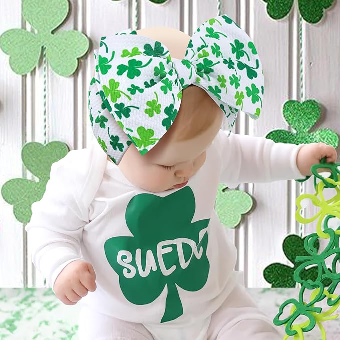 YanJie 7" St.Patrick's Day Baby Girls Headbands Shamrock Print Baby Bows Newborn Wide Hair Bows Handmade St.Patricks Elastics Headband Hair Accessories Gift for Infant Toddlers Kid