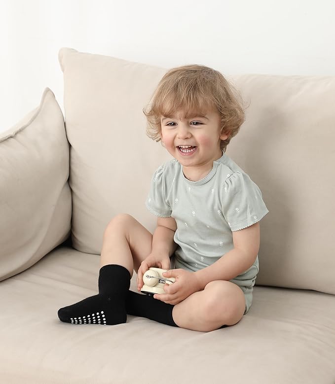 JAKIDAR 12 Pack Baby Toddler Socks Non Slip Grip Cotton Crew Socks for Boys Girls Infants Kids
