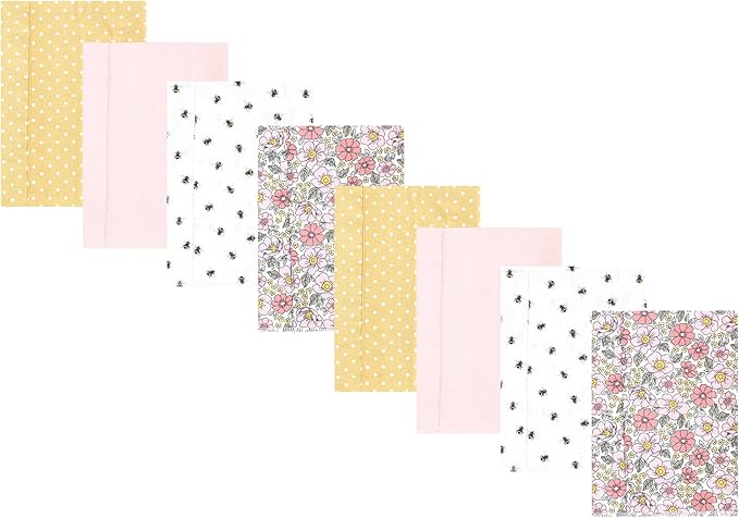 Hudson Baby Cotton Poly Flannel Burp Cloths Multipack, Pink Yellow Pretty Floral 8-Pack, One Size