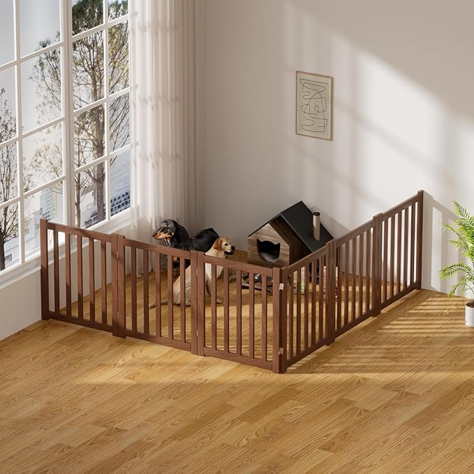 6-Panel Solid Wood Dog Gate - Freestanding Folding Pet Gate for Doorways, Stairs, Indoor, 24" Height, No Installation Needed, Walnut