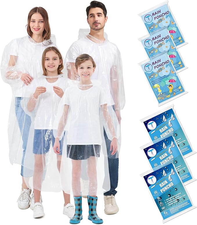 Disposable Rain Ponchos Family 6 Pack/Adults 4-10 Pack/Kids 6 Pack-50% Thicker with Sleeve