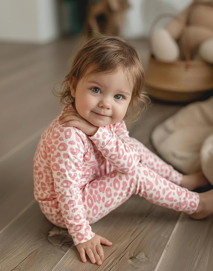moimoln Baby Toddler Pajama Set Snug-Fit Cotton Modal Sleepwear, Leopard, Check & Solid Mix (6M-8Y, 1/2 Pack)