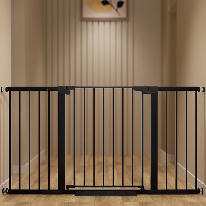 29-57 inches Extra Wide Metal Baby Gate for Stairs/Doorways, 30 inches Tall Pressure Mounted Pet Gates, Auto-Close Child Safety Gate, No Drilling Easy Walk-Through Dog Gate Indoor, Black