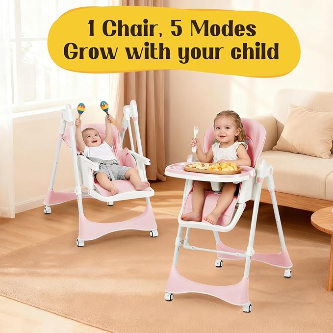6-in-1 Convertible High Chair with Rocker | Baby High Chair for Newborn to Toddler (0-3 Years) | Adjustable, Foldable & Easy-Clean with Dishwasher Safe Tray & Tool-Free Assembly,Pink