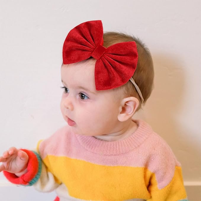 Velvet Baby Girls Headbands, Black Newborns Bows Elastic Nylon Hairbands for Infants Toddlers Hair Accessories,Pack of 3 (Black+Red+Green)