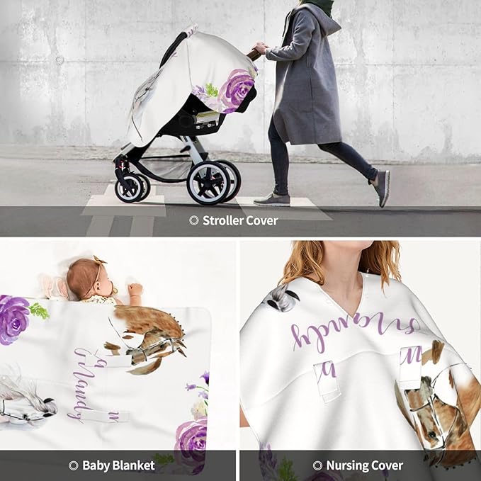Personalized Baby Car Seat Canopy for Babies with Name, Custom Floral Purple Horse Stroller Car Seat Covers for Girls, Minky Nursing Carseat Cover for Breastfeeding, Car Seat Canopies for Newborn