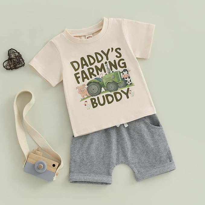 Toddler Baby Boy Clothes Summer Short Sleeve Trucks Tractors Print T-Shirt Tops Solid Color Shorts Set Casual Outfit