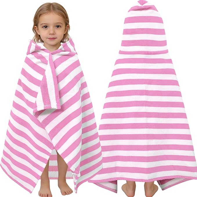 VOOVA & MOVAS Toddler Hooded Bath Towel 0-3T, 25''X40, Soft | Thick | 100% Cotton | Absorbent Towel Wrap for Baby, Perfect for Beach, Pool, Bath, Swimming,Pink Stripe