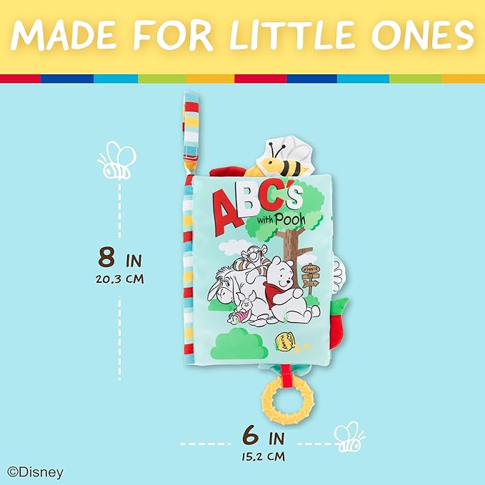Kids Preferred Disney Baby Winnie The Pooh Deluxe Soft Book Abc's with Pooh On-The-Go Sensory Books for Babies with Crinkle Pages and BPA Free Teether