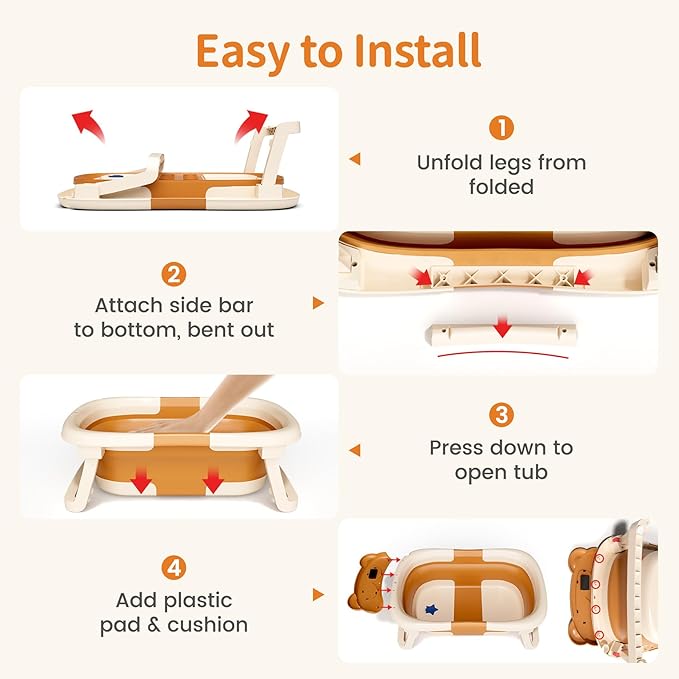 Collapsible Baby Bathtub for Newborn to Toddler (0-18 Months) - Foldable Baby Bath Tub with Soft Towel, Newborn& Infant Bathtub for Travel and Outdoor, Brown