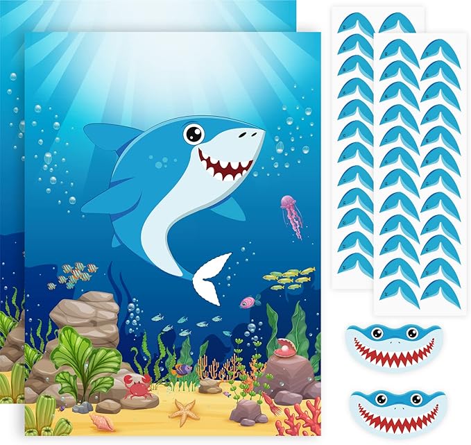 NEBURORA 2 Pack Pin The Tail on The Shark Party Game,2 Large 21"x 28" Posters with 48pcs Stickers for Multiplayer Shark Themed Birthday Party Supplies Decorations for Kids Boys Wall Home Decor
