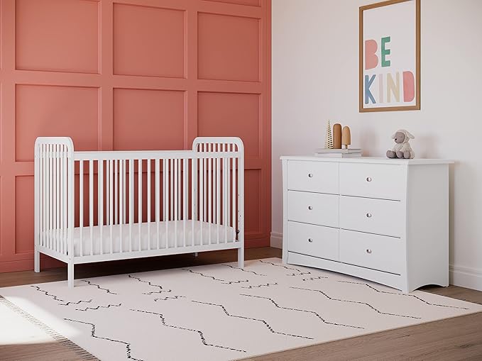 Storkcraft Crescent 6-Drawer Dresser (White) – GREENGUARD Gold Certified, White Dresser for Bedroom, Kids & Nursery Storage Chest, Safety Interlocking Drawers, Pre-Installed Tracks, Kids Chest