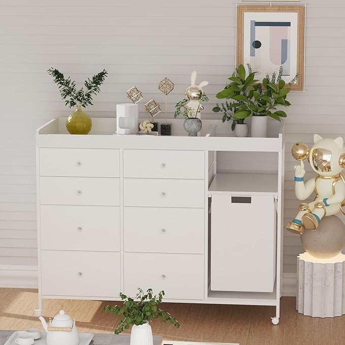 47.2" Nursery Dresser with 8 Drawers and Changing Table Top Baby Changing Station Dresser with 1 Open Shelf and 1 Laundry Hamper Diaper Changing Station Mobile Nursery Organizer,White