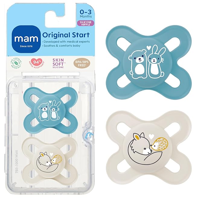 MAM Original Start Matte Baby Pacifiers, Binky for 0-3 Months, BPA-Free Silicone Nipple, Easy to Clean, Best for Newborn Babies, Developed with Medical Experts, 2 Count Binkies with Sterilizer Case