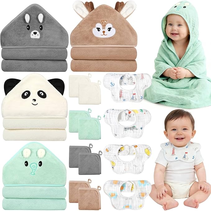 16 Pcs Baby Towels Set for Infants Toddlers, 4 Pcs Hooded Bath Towels, 4 Pcs Baby Bibs & 8 Pcs Washcloths Set, Absorbent Soft Newborn Gift for Boys & Girls-Elephants, Pandas, Bears & Moose