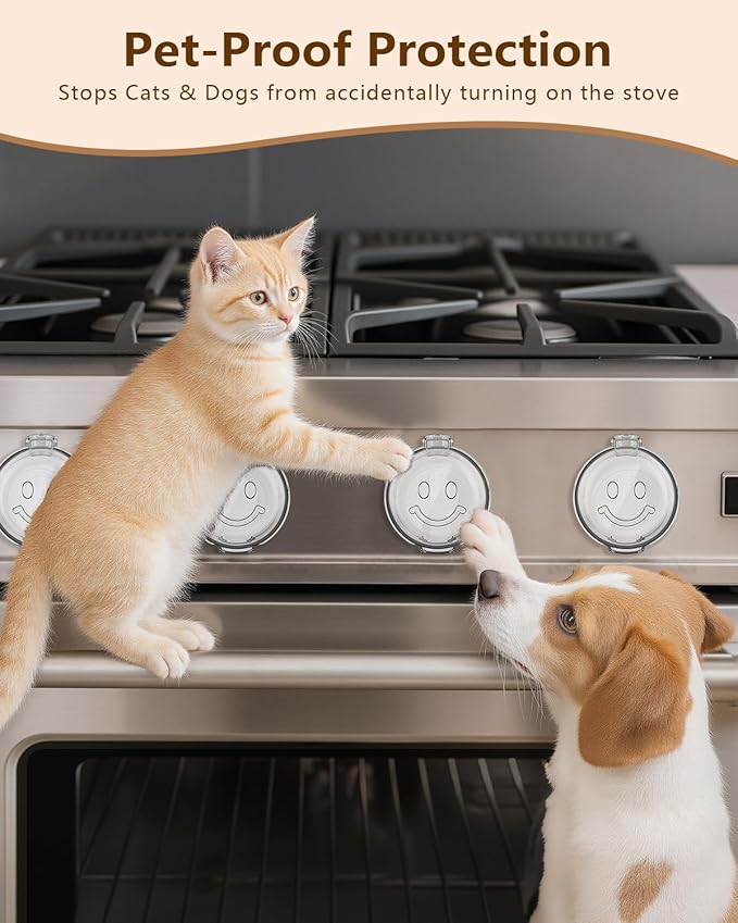 Stove Knob Covers - 5+1 Pack Heat Resistant Gas Stove Knob Covers with Child Proof Lock & Strong Adhesive, Oil-Proof Oven Knob Covers with Clear Transparent Design, White