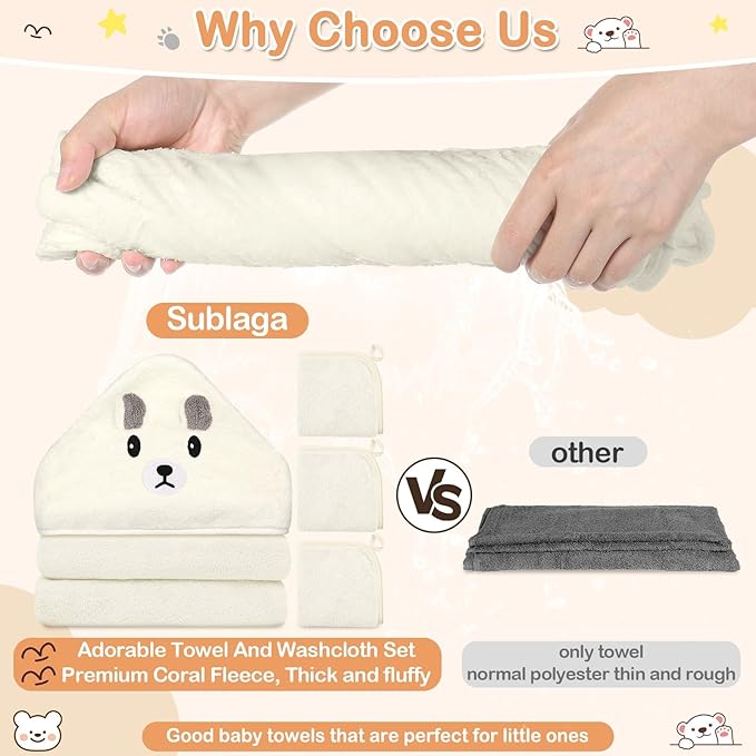 4 Pcs Baby Towels Set, 32x32 in Hooded Bath Towel and 3 Pcs Baby Washcloths for Newborns, Toddlers, and Kids, Soft Baby Towels and Washcloths Set for Boys and Girls (White Bear)