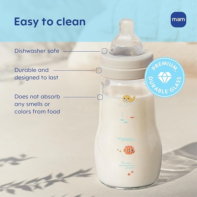 MAM Premium Glass Baby Bottles, Easy Switch Between Breast and Bottle, Feel Good Slow Flow, Newborn Essentials Must Have, 2+ Months, BPA Free, 9oz, Unisex, 3 Pack