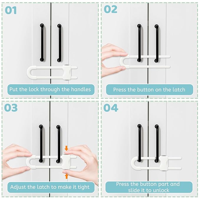 Baby Proofing Cabinets, Sliding Cabinet Locks for Babies, Adjustable U Shaped Baby Safety Locks, Childproof Cabinet Latch for Kitchen, Bathroom, Drawer, Cupboard Doors Knobs & Handles (10Pack White)