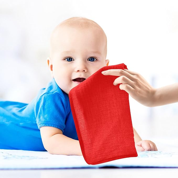 YETTASBIN Red Solid Color Muslin Baby Hand Washcloths, Soft Cotton Bath Face Towel, 4 Layers Extra Absorbent Feeding Burp Cloth for Newborn Infant Sensitive Skin, 5 Pack