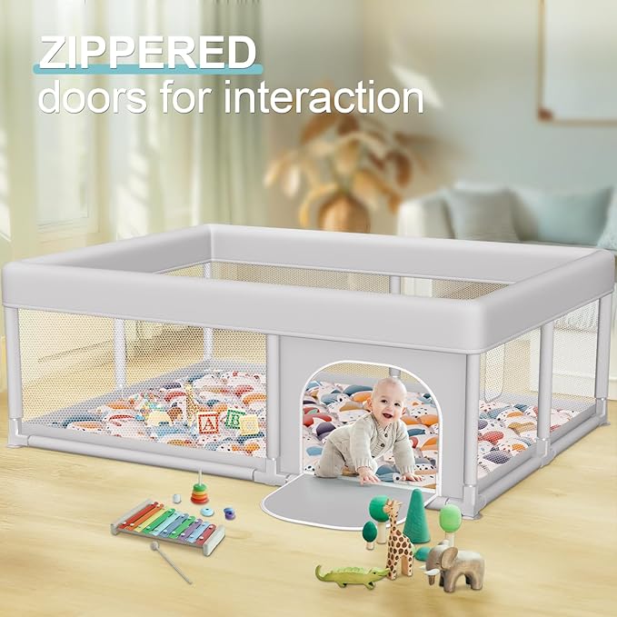 65 x 50 Inch Baby Playpen with Mat, PlayPen for Babies and Toddlers, Sturdy Safety Play Yard for Indoor & Outdoor with Zipper Gates, Anti-Fall