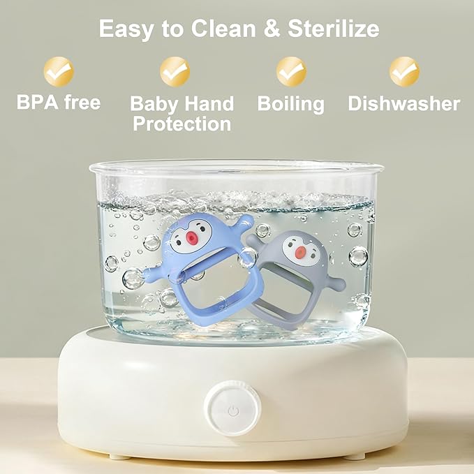 Smily Mia 2pack Baby Teething Toys for 0-6 3-6Months |Penguin Teether | Hand Teethers| Teething Mittens|Chew Toys for Teething Pain Relief, Baby Pacifiers| New Born Essentials, Blue+Grey