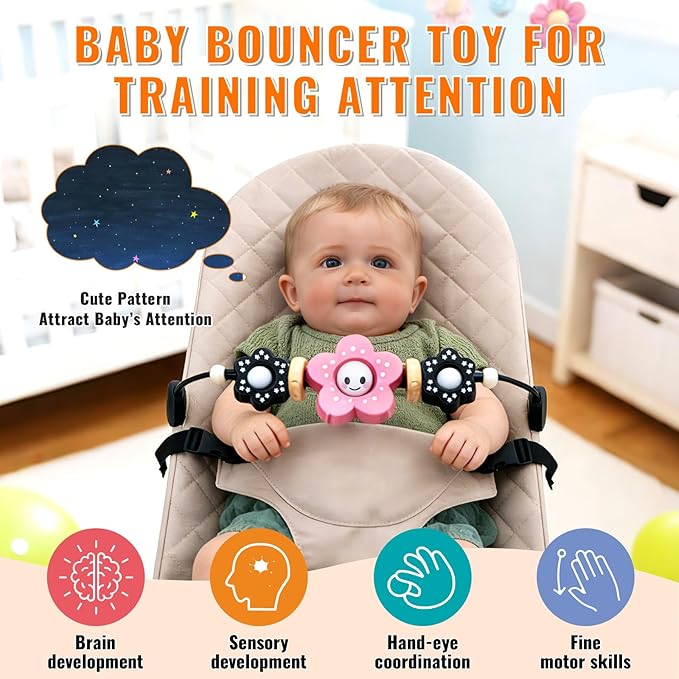 THE KENKYO Wooden Bouncer Toy Bar for Baby Bjorn, Rotatable Bouncer Toy Bar Attachment for Curious Babies, Sensory Learning Toys for Toddler, Baby Spinning Toys