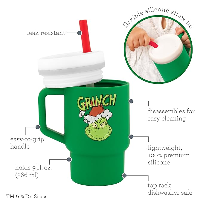 Infantino My 1st Tumbler, Silicone Sippy Cup with Straw & Handle, Spill-Resistant Baby Cup for On-the-Go, BPA-Free Transition Bottle, Grinch Green