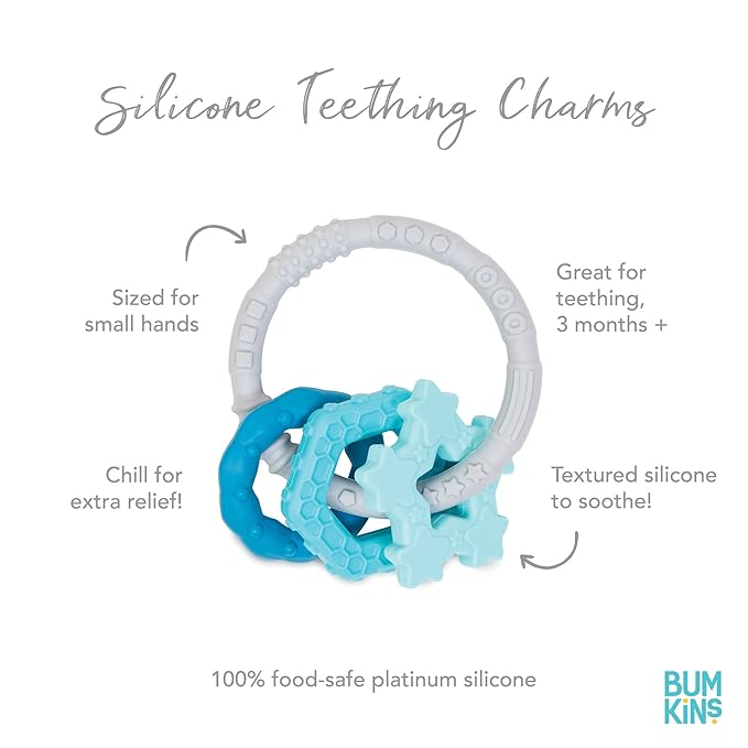 Bumkins Baby Teething Freezer Toy Keys Rings, Soft Flexible Pacifier to Chew, Cool Teether Gum Relief, Babies 3 Months, Freezable Platinum Silicone, Sensory Bracelet with Charms, Blue and Gray