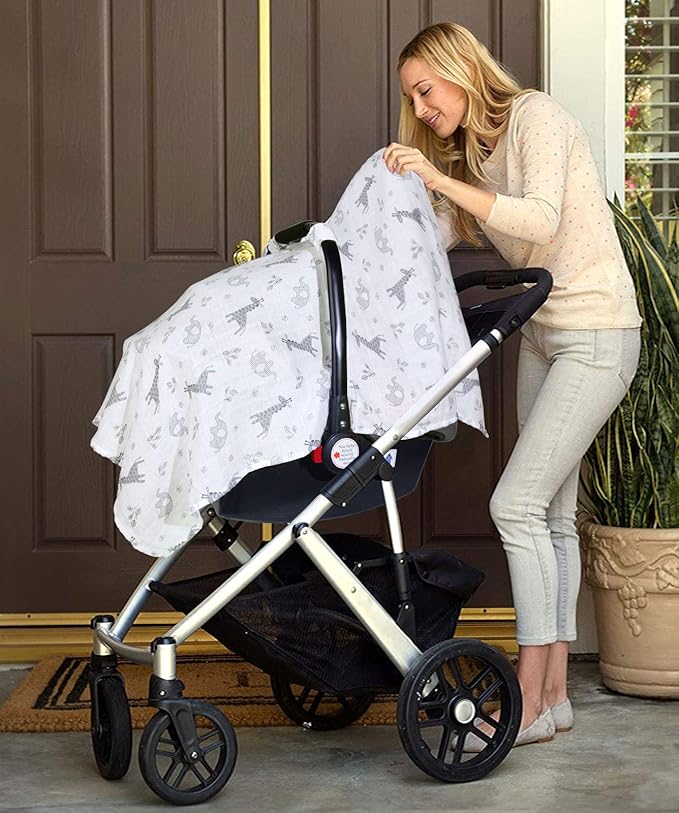Baby Car Seat Covers for Boys Girls, Metplus Muslin Infant Carseat Canopy, Lightweight Breathable Newborn Carrier Canopies Stroller Cover, Universal Fit Large Size 47.2 x 35.4 inch, Elephant Giraffe