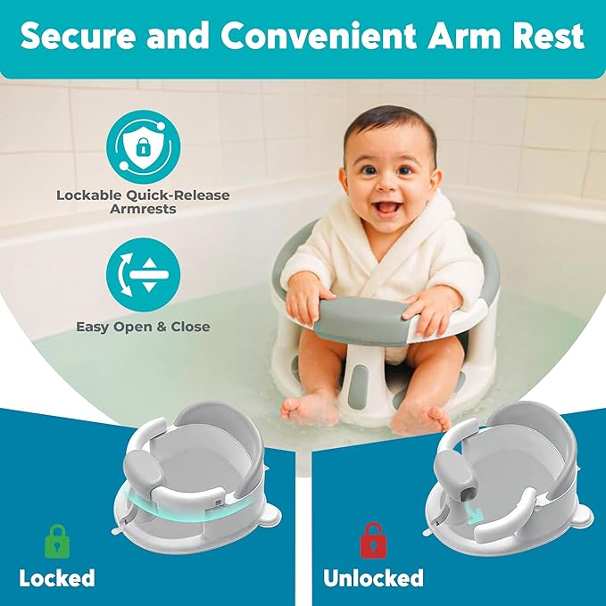 Baby Bath Seat for Babies 6 Months & Up with Floating Temperature Device as Gift, Bath Seats for Babies Sitting Up Non Slip Design + Strong Suction Cups, Toddler & Infant Shower Seats, Baby Tub Seat