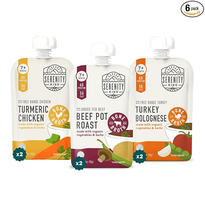 Serenity Kids 7+ Months Bone Broth Baby Food Pouches - Organic Veggies & Meat Blends for Toddler Food - High-Protein Savory Puree for Toddler Meals - No Added Sugar Baby Snacks - 3.5 Oz, 6 Pack