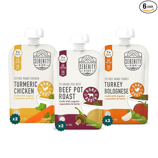 Serenity Kids 7+ Months Bone Broth Baby Food Pouches - Organic Veggies & Meat Blends for Toddler Food - High-Protein Savory Puree for Toddler Meals - No Added Sugar Baby Snacks - 3.5 Oz, 6 Pack