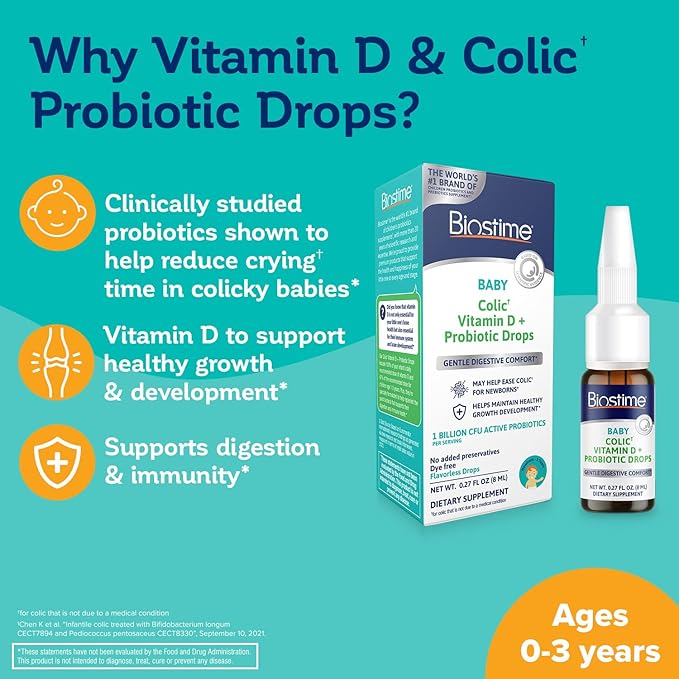 Biostime Baby Vitamin D & Colic Probiotic Drops for Newborns to 3 Years Old | 100% Daily Values Vitamin D for Bone & Immune Support – Eases Colic & Digestion| 32 Serving