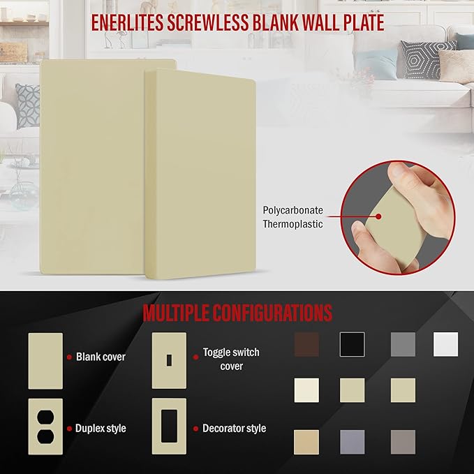 ENERLITES Screwless Blank Wall Plate, Child Safe Blank Device Outlet Cover, Standard Size, 1-Gang 4.68" x 2.93", Polycarbonate Thermoplastic, UL Listed, SI8801-I, Glossy, Ivory