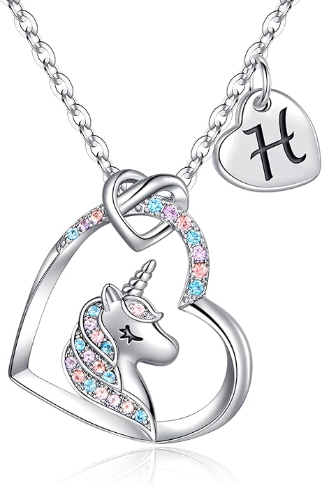 Hidepoo Valentines Gifts for Kids Girls - Unicorn Necklace Gifts for Teen Girls Kid, Colorful CZ Heart Pendant Initial Unicorn Necklaces for Girl Jewelry Birthday Gift for Girl Kid
