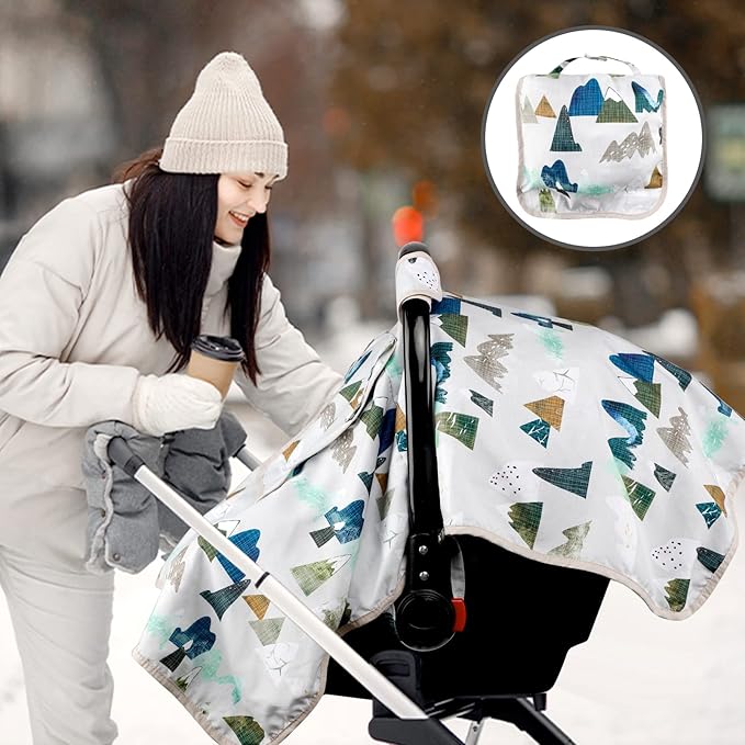Baby Car Seat Cover, Car Carseat Canopy Boys, Minky Cozy & Warm Cover, Infant Carrier Cover with Peep Windows, Soft & Breathable, Adventure Mountain Nursery Theme
