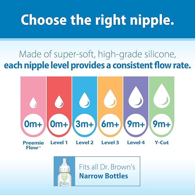 Dr. Brown's Natural Flow Level 1 Narrow Baby Bottle Silicone Nipple, Slow Flow, 0m+, 100% Silicone Bottle Nipple, 6 Count (Pack of 1)
