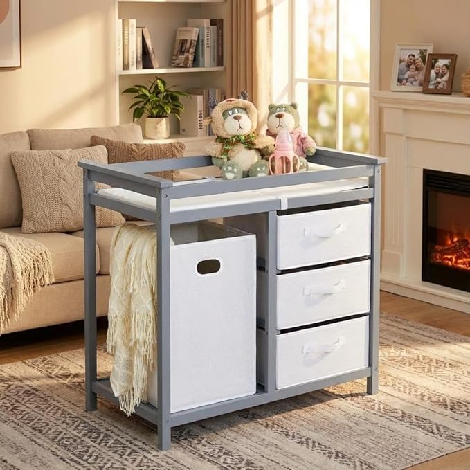 Wooden Baby Changing Table, Modern Diaper Changing Table, Infant Diaper Station Dresser with Laundry Hamper, 3 Drawer Basket- Storage Organizer for Baby Clothes, Diapers & Toys