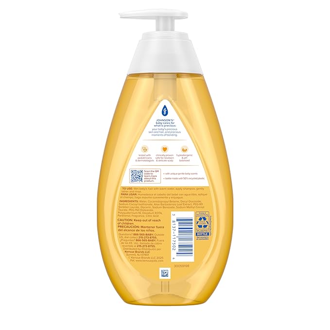 Johnson's Baby Shampoo with Aloe Vera & Vitamin B5, Tear Free, Newborn Essentials, No added Parabens & Sulfates, Hypoallergenic, 20.3 fl. oz