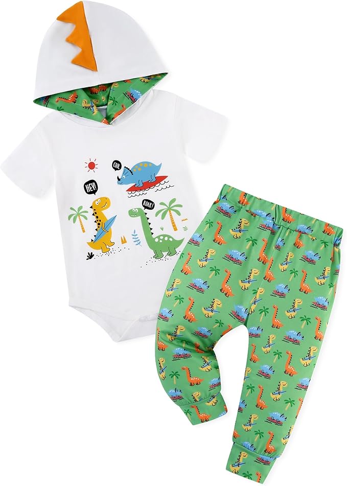 Newborn Boy Summer Outfits Animal Print Short Sleeve Romper with Hoodie & Pants Infant Clothing Set