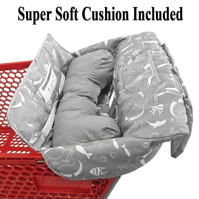 Love&go Soft Pillow Attached 2-in-1 Shopping Cart and High Chair Cover for Baby, Cotton Padded Cart Cover, Fold'n Roll Style, Portable with Carry Bag (Gray Seaworld)