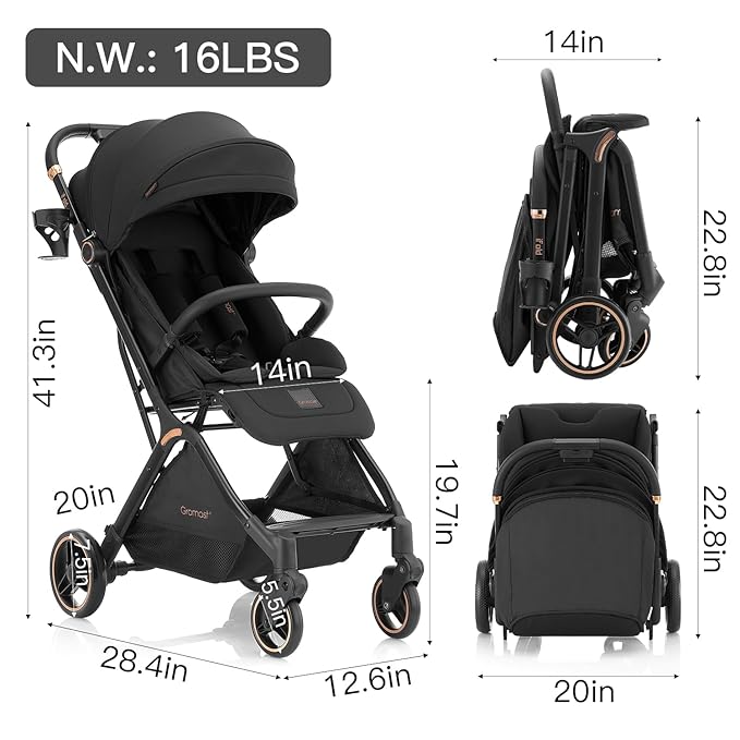 Gravity Folding Baby Stroller - Portable Travel Toddler Stroller w/Adjustable Backrest, Canopy & Cup Holder, Lightweight and UV Protected, One-Hand Automatic Folding - Black