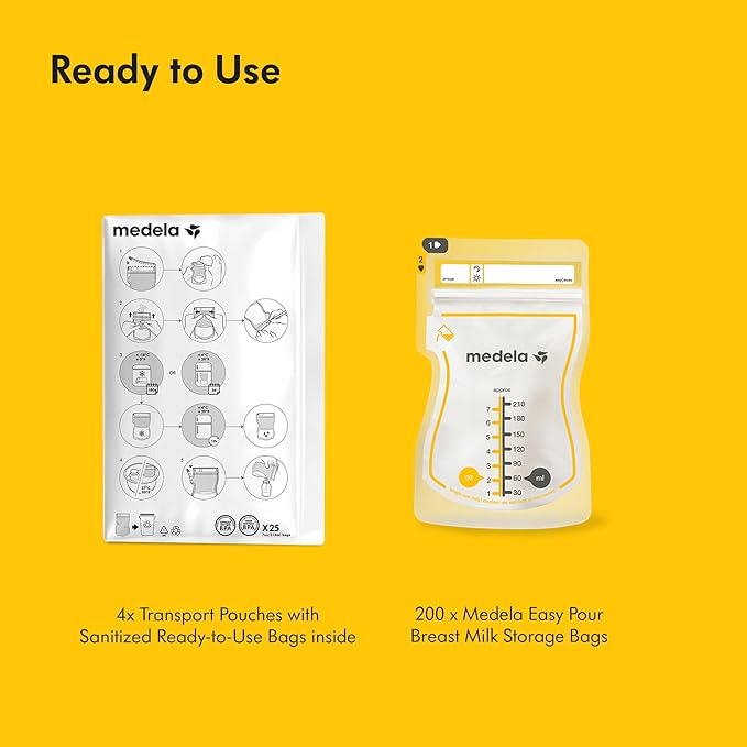 Medela Easy Pour Breastmilk Storage Bags 200 Count 7oz/210ml Disposable, Leakproof, Fast Freeze, Breast Milk Protection Recyclable & BPA Free
