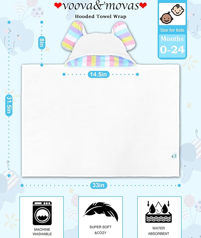 VOOVA & MOVAS Luxury White Baby Hooded Bath Towel - 100% Cotton,500GSM, 33x31.5 Inches,0-2Years, Super Absorbent Large Towel with Cute Elephant Ears Hood for Newborn, Infant, Baby Essentials,White