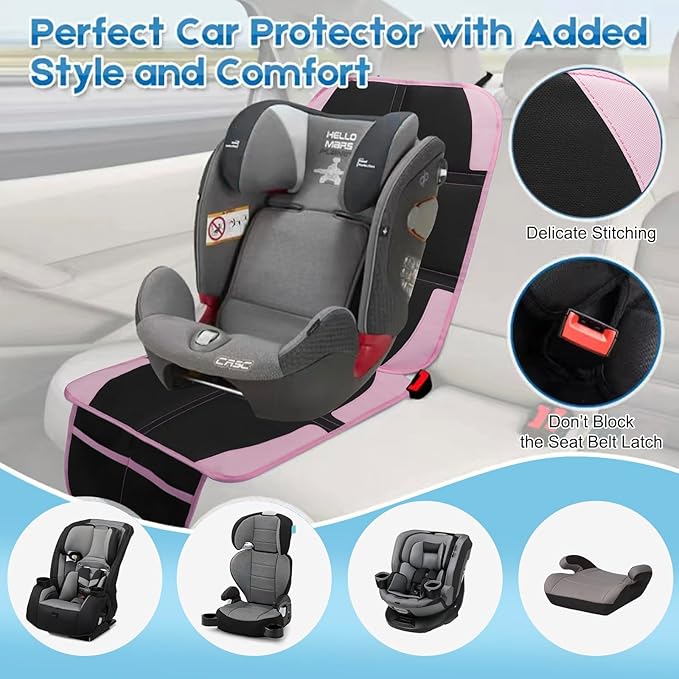 Child Car Seat Protector, 2 Pack with Mesh Pockets & Non-Slip Backing, 600D Durable (Pink, Standard)