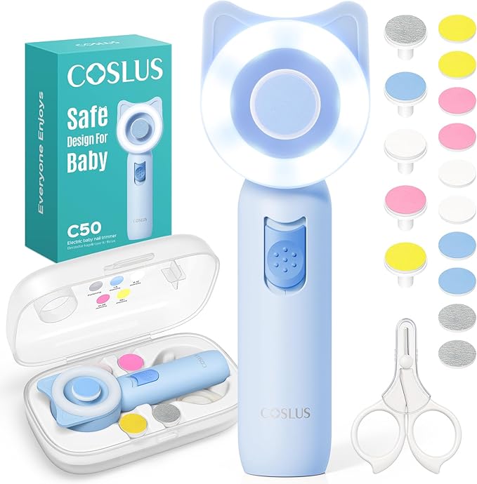 COSLUS C50 Baby Nail File, Baby Nail Trimmer Electric, Baby Nail Clipper - Gentle, Quiet with 360° Light, Safe for Sleep Time Grinding, 16-in-1 Kit for Newborn, Infant & Toddler, Sky Blue