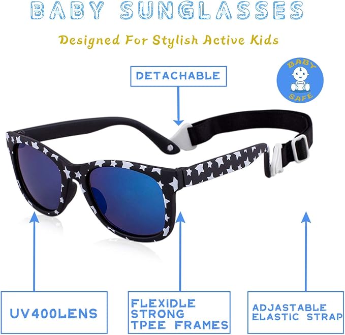 MAXJULI Baby Infant Sunglasses Safe, Soft, With Adjustable Strap 0-24 Months BPA Free 7002