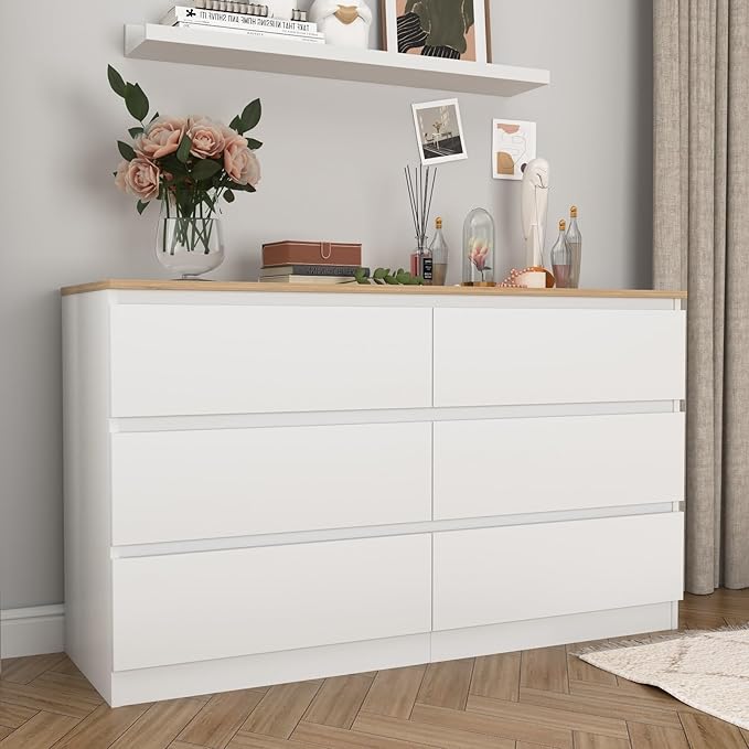 White Dresser for Bedroom, Modern Large 6 Drawer Dresser with Deep Drawer,Chest of Drawers,Wood Bedroom Storage Organizer Furniture,TV Stand for Living Room